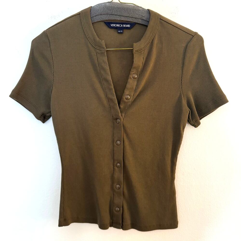 Veronica Beard Dilia Ribbed Snap Front Top Olive Brown Short Sleeve XS Basics